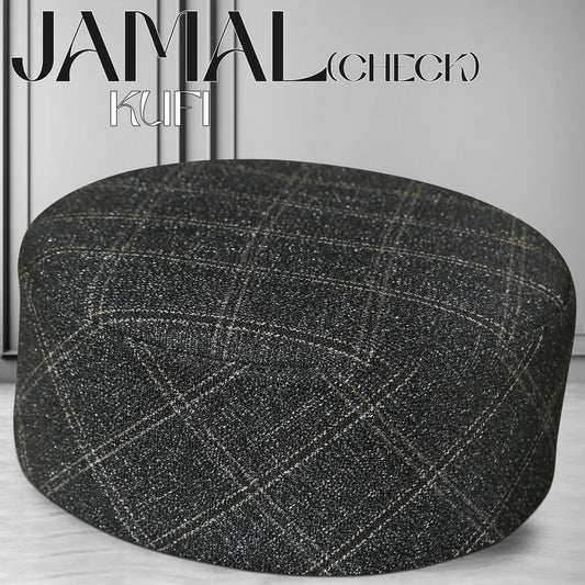 Charcoal Grey Jamal Check Kufi Printed Islamic Prayer Cap