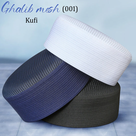 Three rolls of woven mesh kufi headwraps in white, navy blue, and charcoal gray, stacked diagonally on a light blue background with text overlays reading 'Ghalib mesh (001)' and 'Kufi'.
