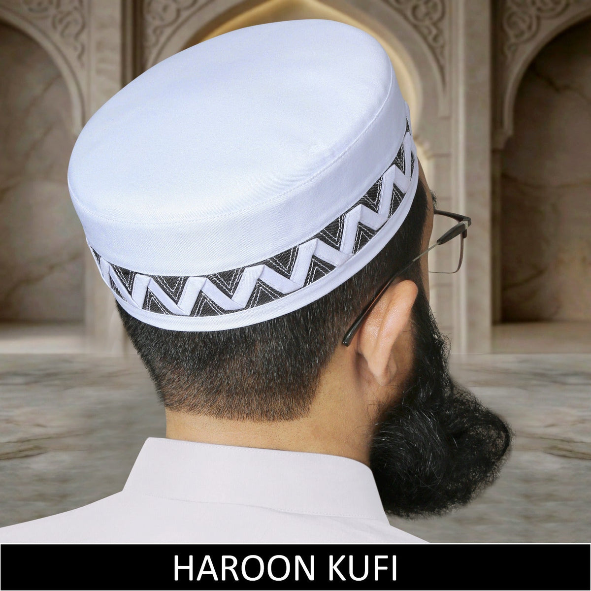 White Haroon Kufi for Men in Premium Cotton Fabric Elegant Islamic Prayer Cap