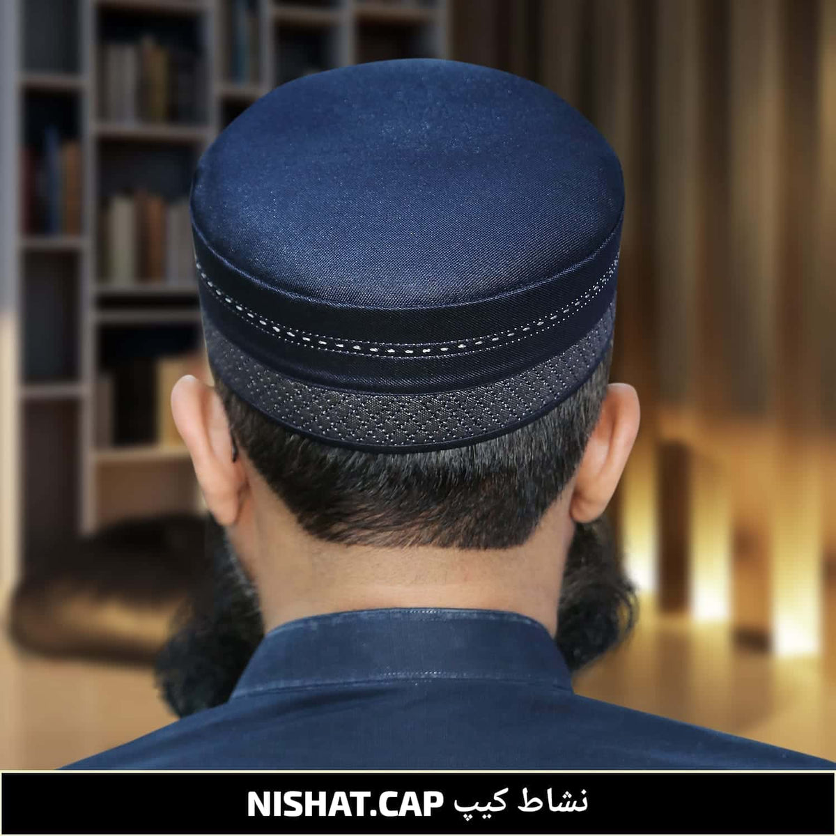 Blue Nishaat Kufi Elegant Traditional Muslim Prayer Hat