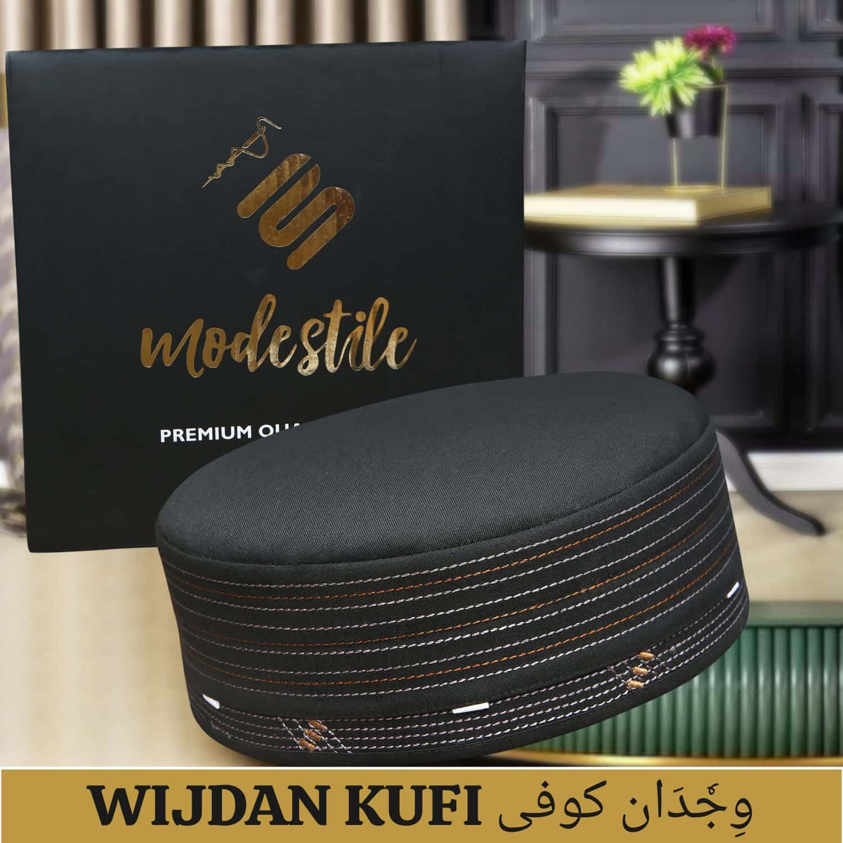Black Wajdaan Kufi Premium Islamic Prayer Cap for Men