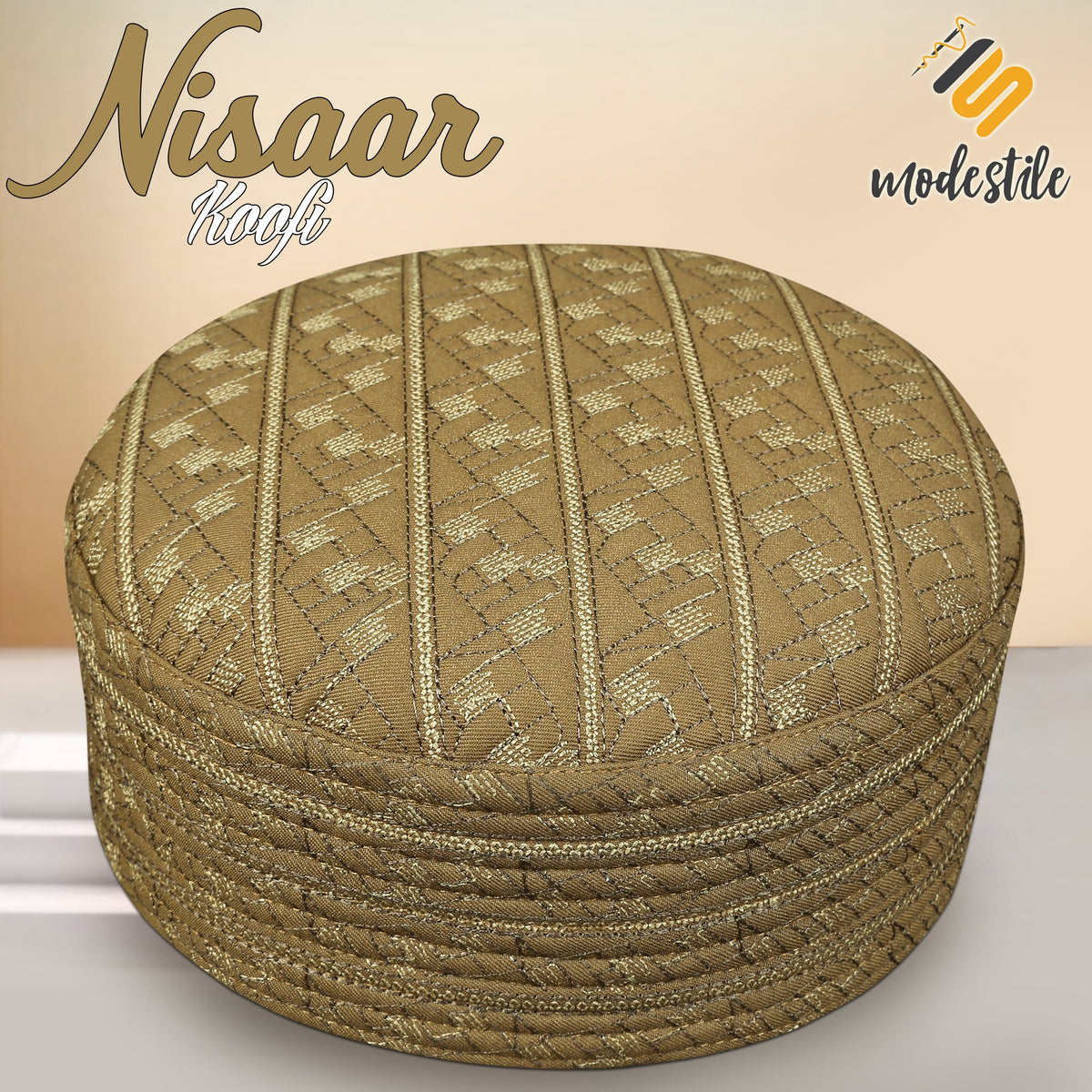 Golden Nisaar Kufi Luxury Islamic Prayer Cap for Men