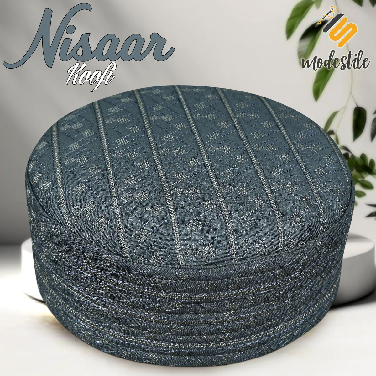 Grey Nisaar Kufi Refined Embroidered Muslim Skull Cap