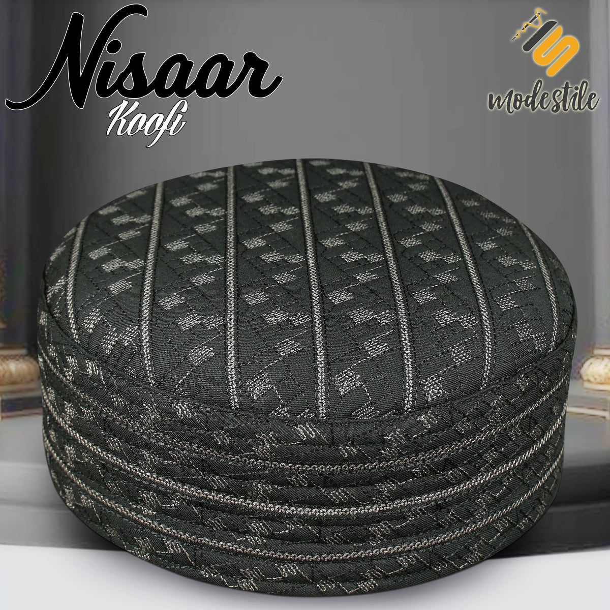 Black Nisaar Kufi Premium Embroidered Islamic Prayer Cap