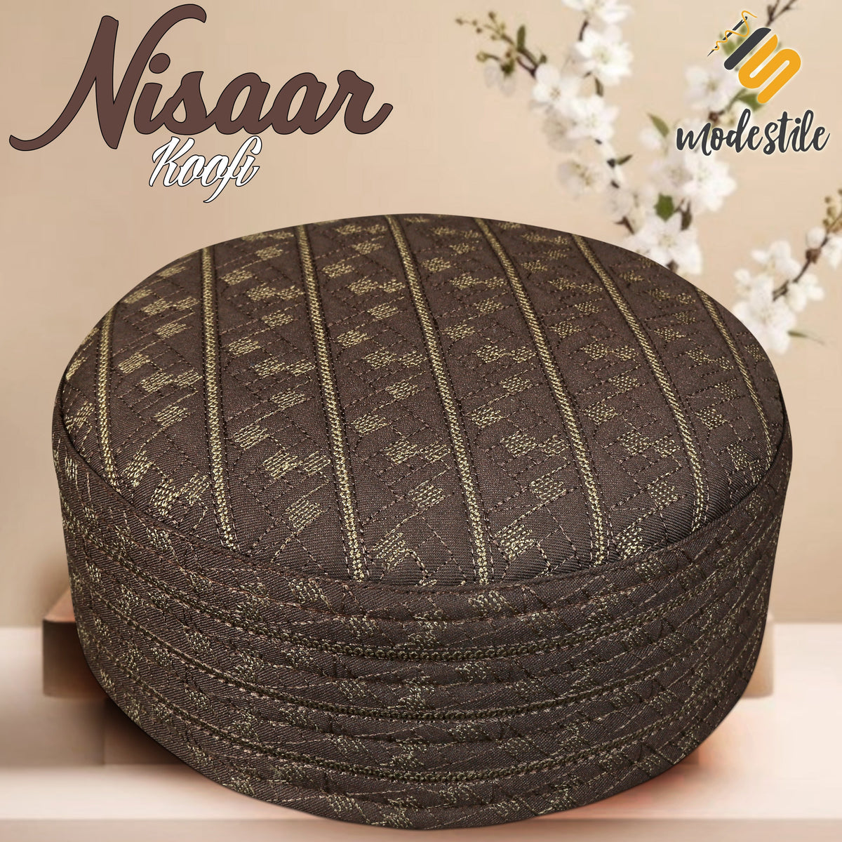 Brown Nisaar Kufi Classic Embroidered Namaz Topi