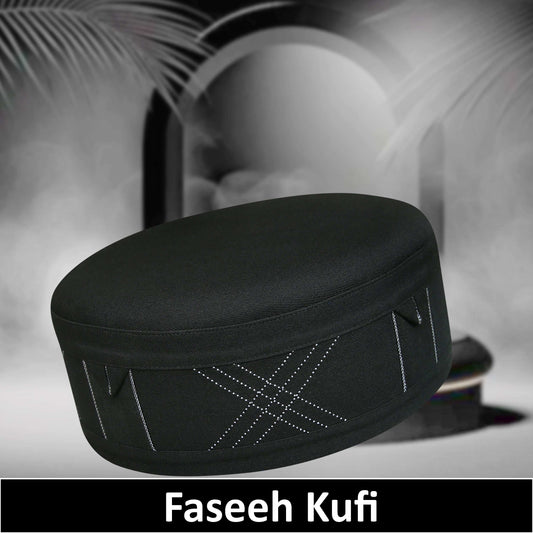 Black Faseeh Kufi Premium Islamic Prayer Cap for Men