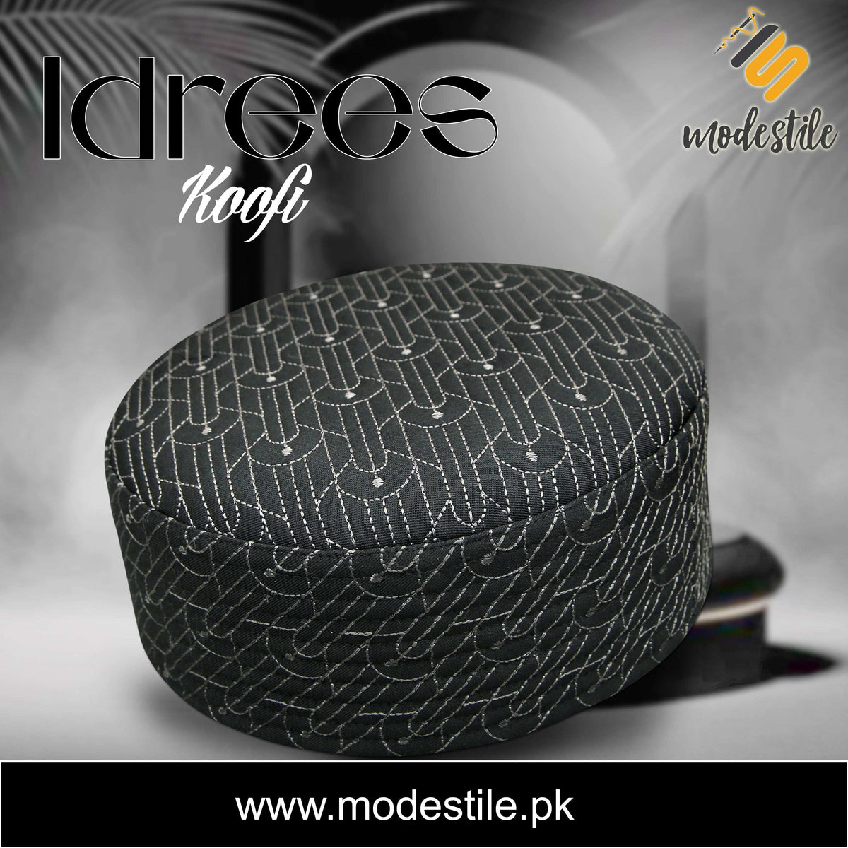 Black Idrees Kufi Premium Embroidered Islamic Prayer Cap