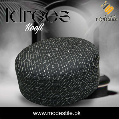 Black Idrees Kufi Premium Embroidered Islamic Prayer Cap