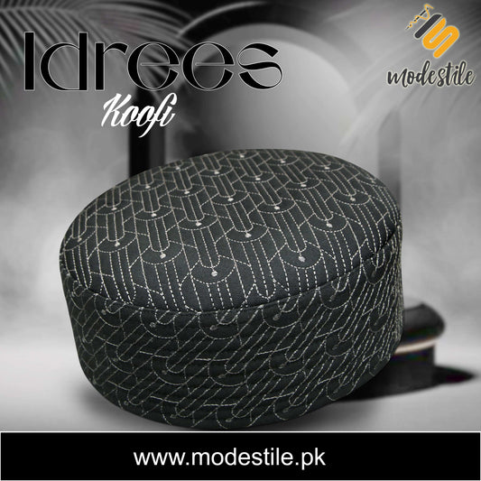 Black Idrees Kufi Premium Embroidered Islamic Prayer Cap