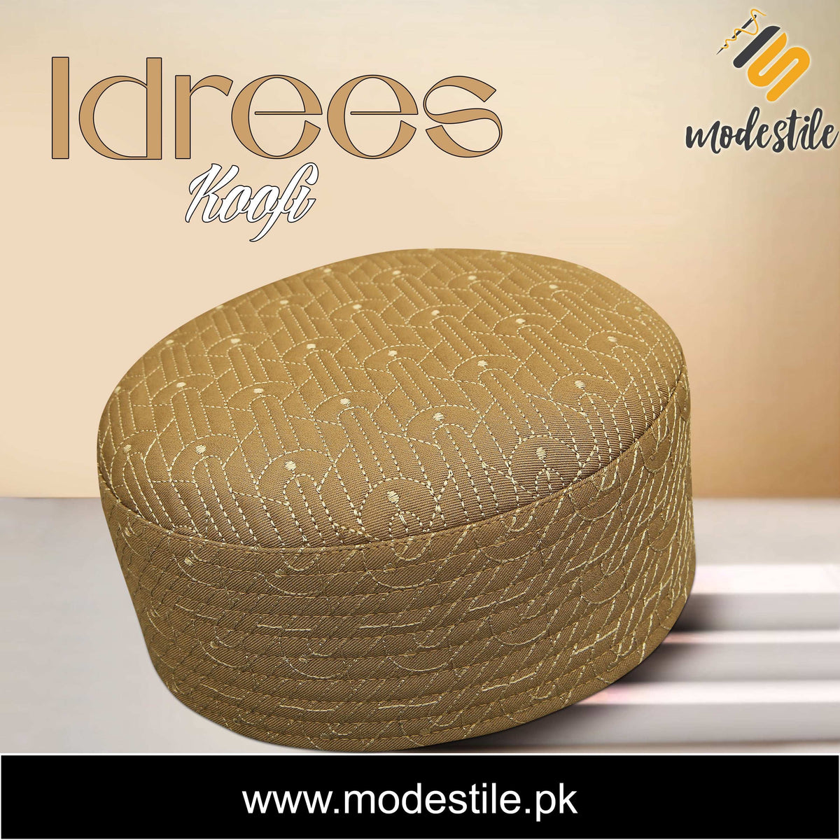 Golden Idrees Kufi Luxury Embroidered Muslim Kufi Hat