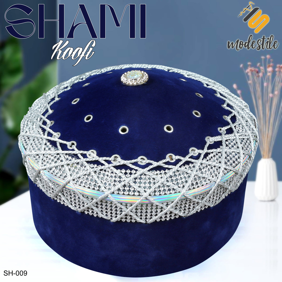 Blue SH-009 Islamic Imam Style Turkish Prayer Cap