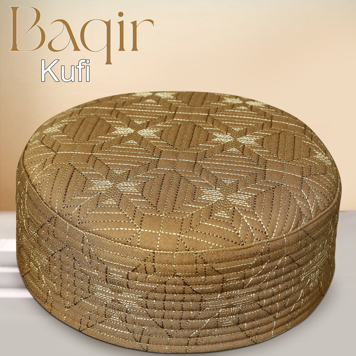 Gold Baqir Hard Kufi Premium Geometric Embroidered Prayer Cap