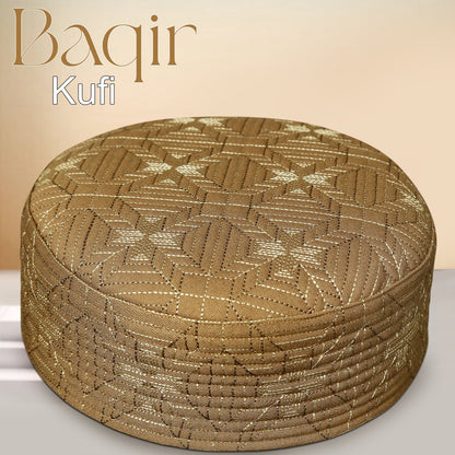 Gold Baqir Hard Kufi Premium Geometric Embroidered Prayer Cap
