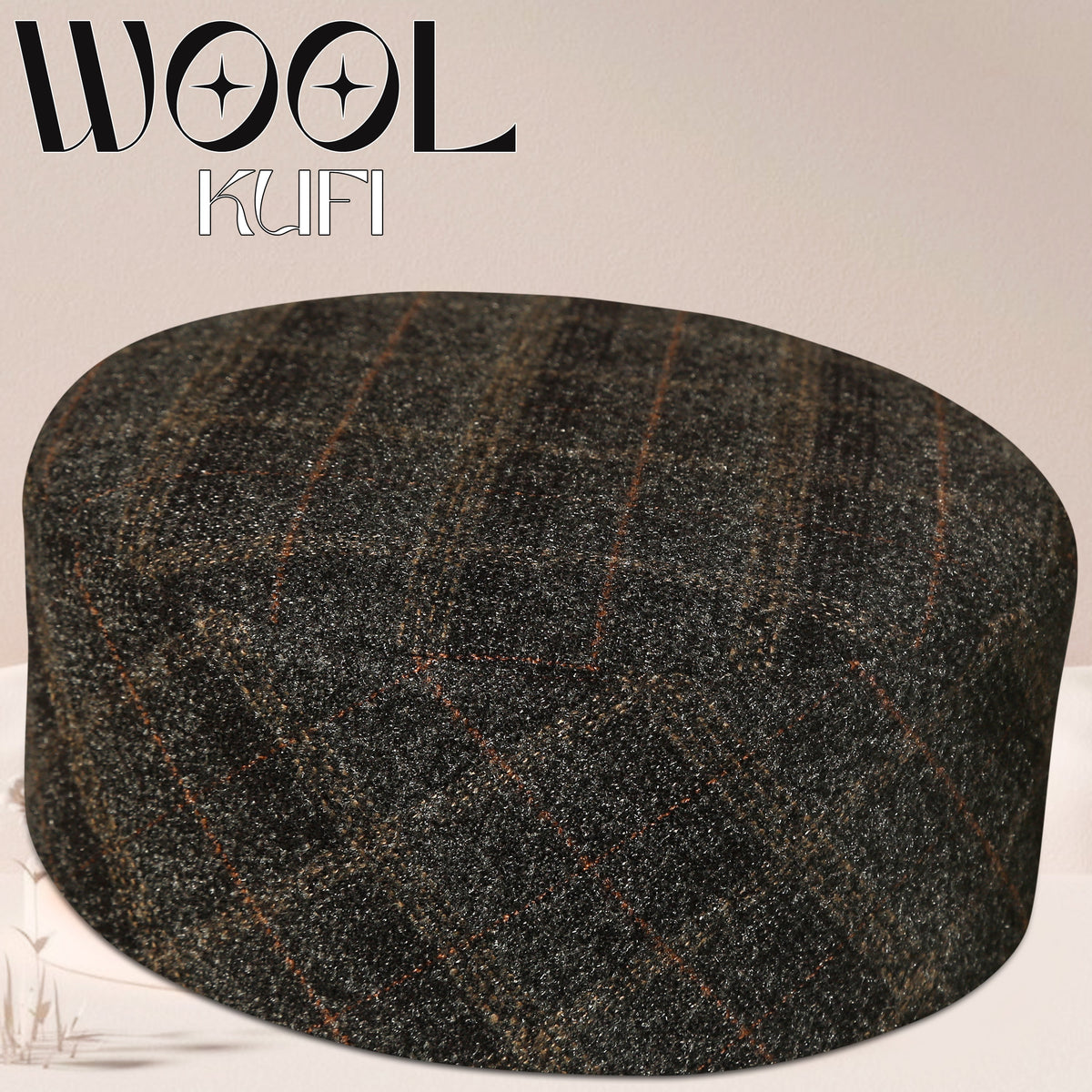 Slate Grey New Wool Kufi Premium Check Pattern Prayer Cap