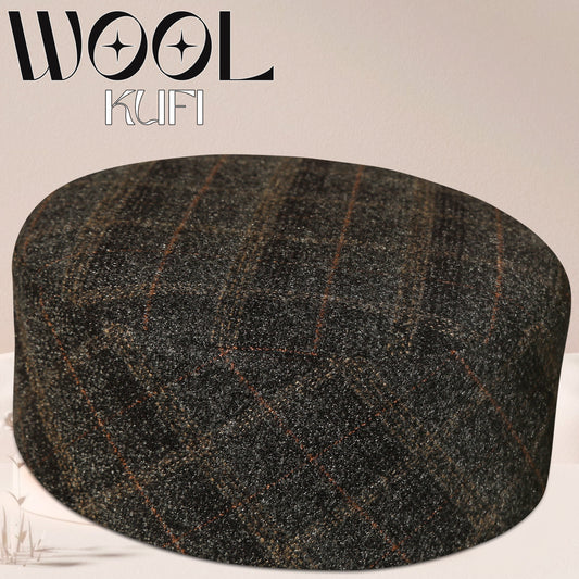 Slate Grey New Wool Kufi Premium Check Pattern Prayer Cap