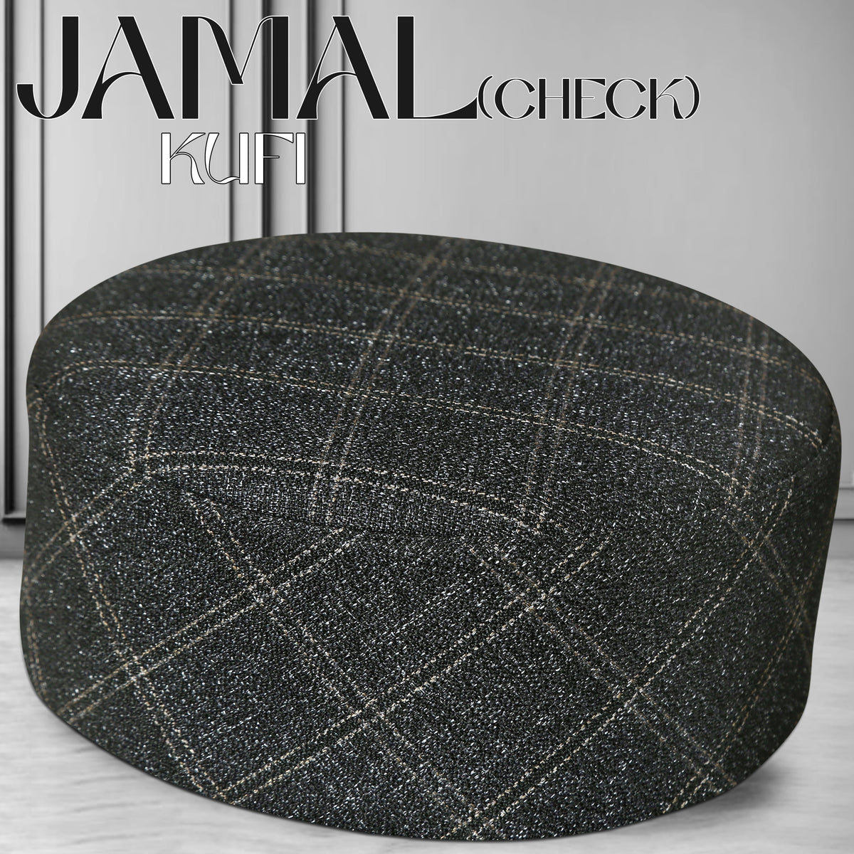 Charcoal Grey Jamal Check Kufi Printed Islamic Prayer Cap