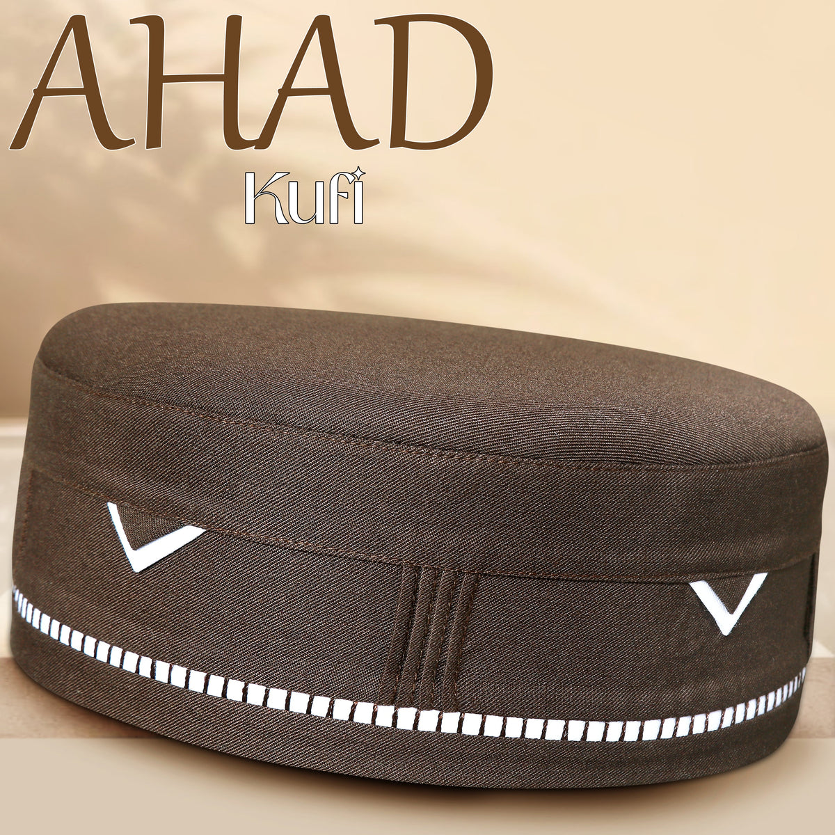 Brown Ahad Kufi with Elegant Geometric Embroidery