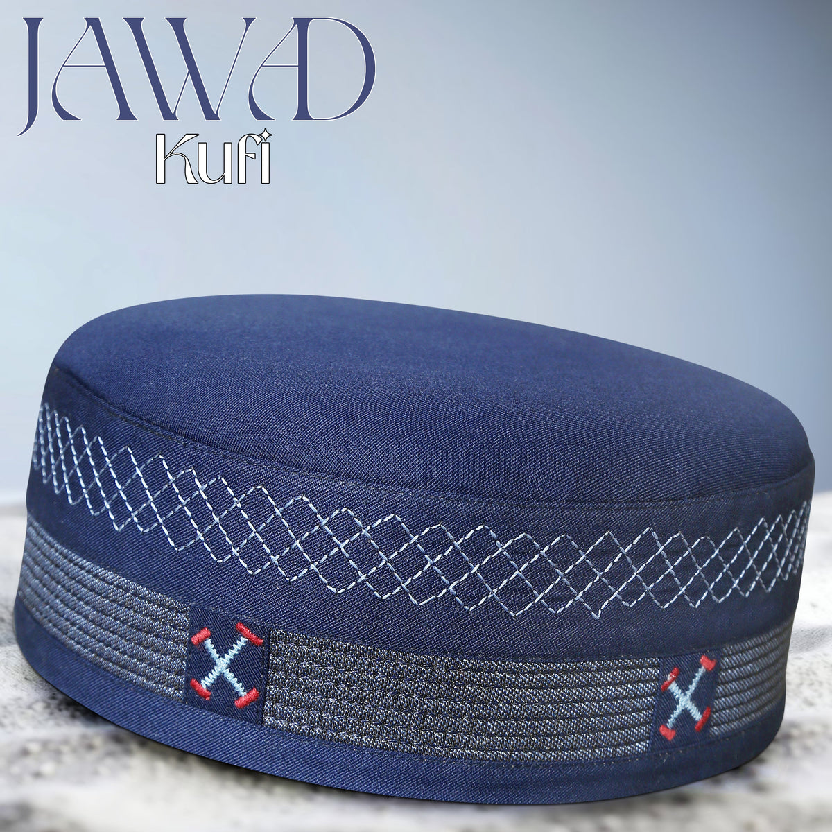 Jawad Blue Embroidered Kufi Islamic Prayer Cap for Men Premium Polyester Fabric