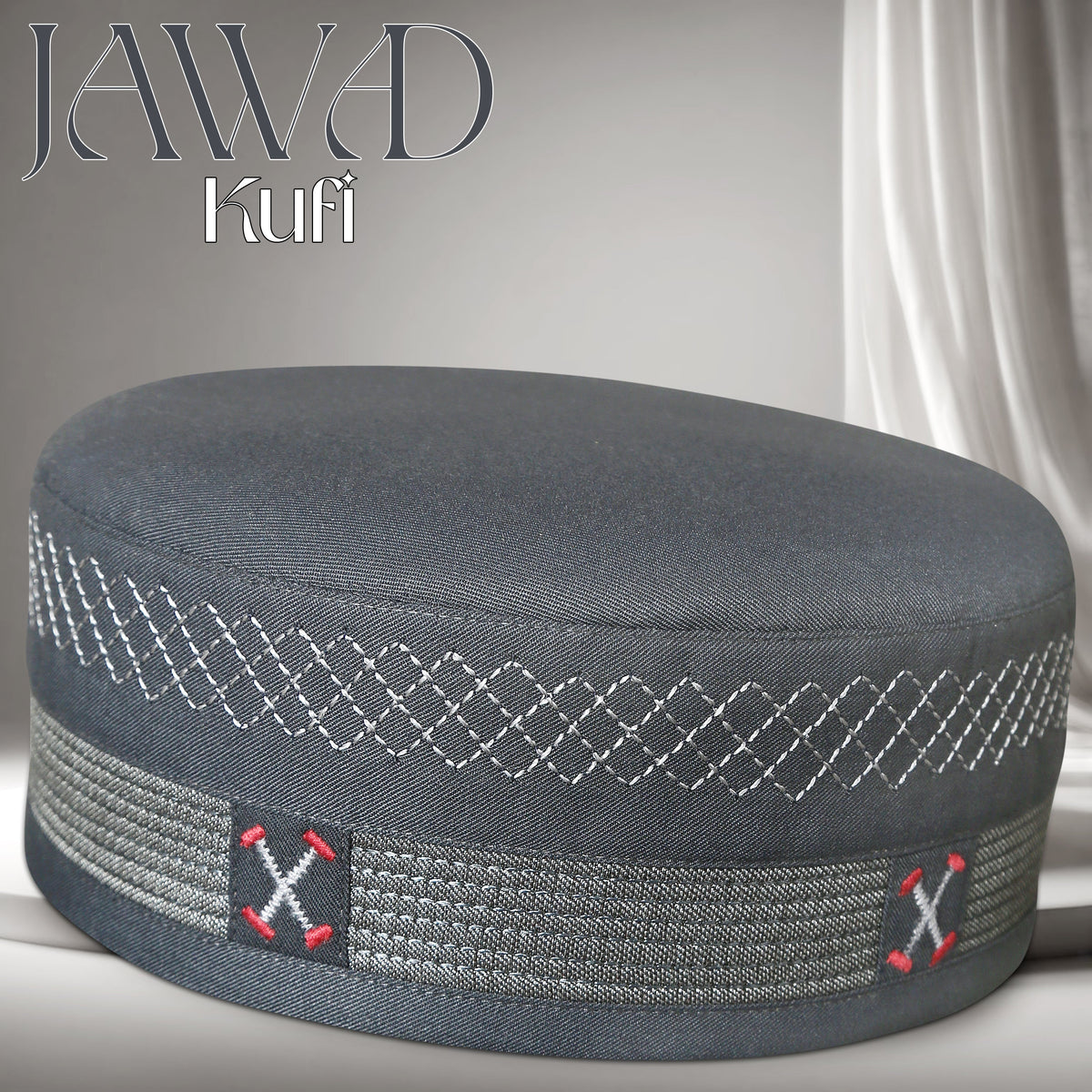 Gray Jawad Kufi Prayer Cap – Handmade Embroidered Koofi Muslim Namaz Topi