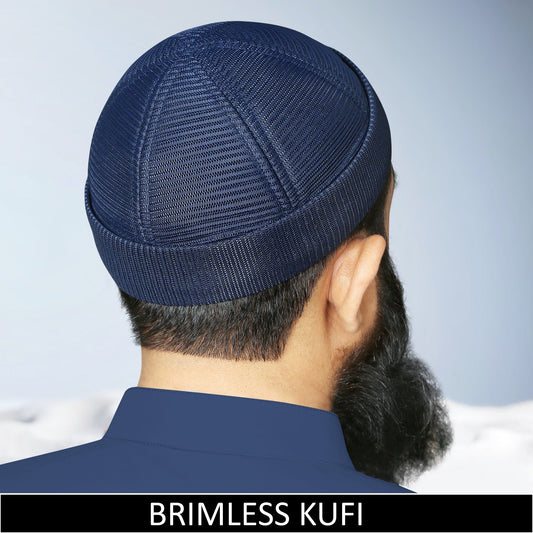 Premium navy blue brimless mesh kufi cap for men, breathable Islamic prayer skull cap for mosque
