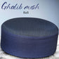 A navy blue woven Kufi prayer cap made of Ghalib mesh fabric, shown from a three-quarters angle against a light blue gradient background with text overlays.