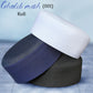 Three rolls of woven mesh kufi headwraps in white, navy blue, and charcoal gray, stacked diagonally on a light blue background with text overlays reading 'Ghalib mesh (001)' and 'Kufi'.