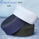 Three rolls of woven mesh kufi headwraps in white, navy blue, and charcoal gray, stacked diagonally on a light blue background with text overlays reading 'Ghalib mesh (001)' and 'Kufi'.