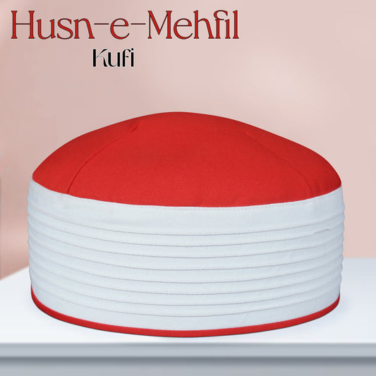 Red & White Husn-e-Mehfil Kufi Premium Traditional Prayer Cap