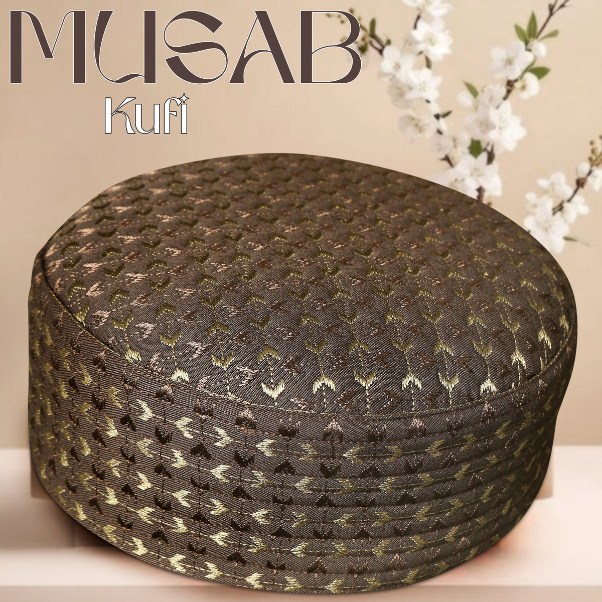 Brown Musab Hard Kufi Traditional Embroidered Namaz Topi