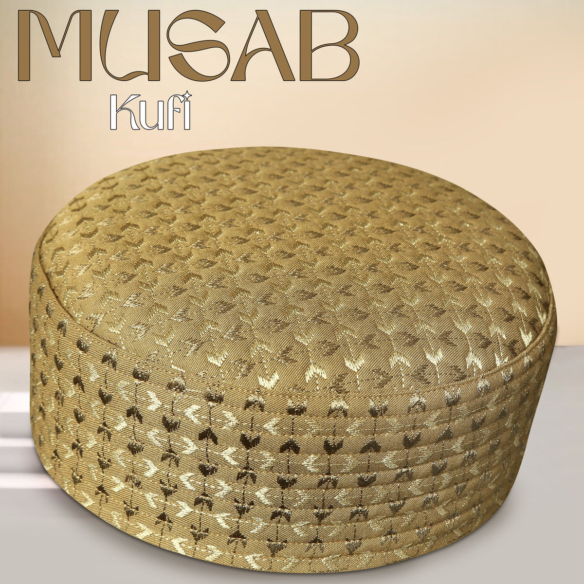 Golden Musab Hard Kufi with Elegant Geometric Embroidery