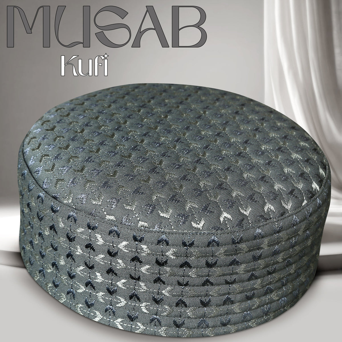 Grey Musab Hard Kufi Premium Embroidered Islamic Prayer Cap