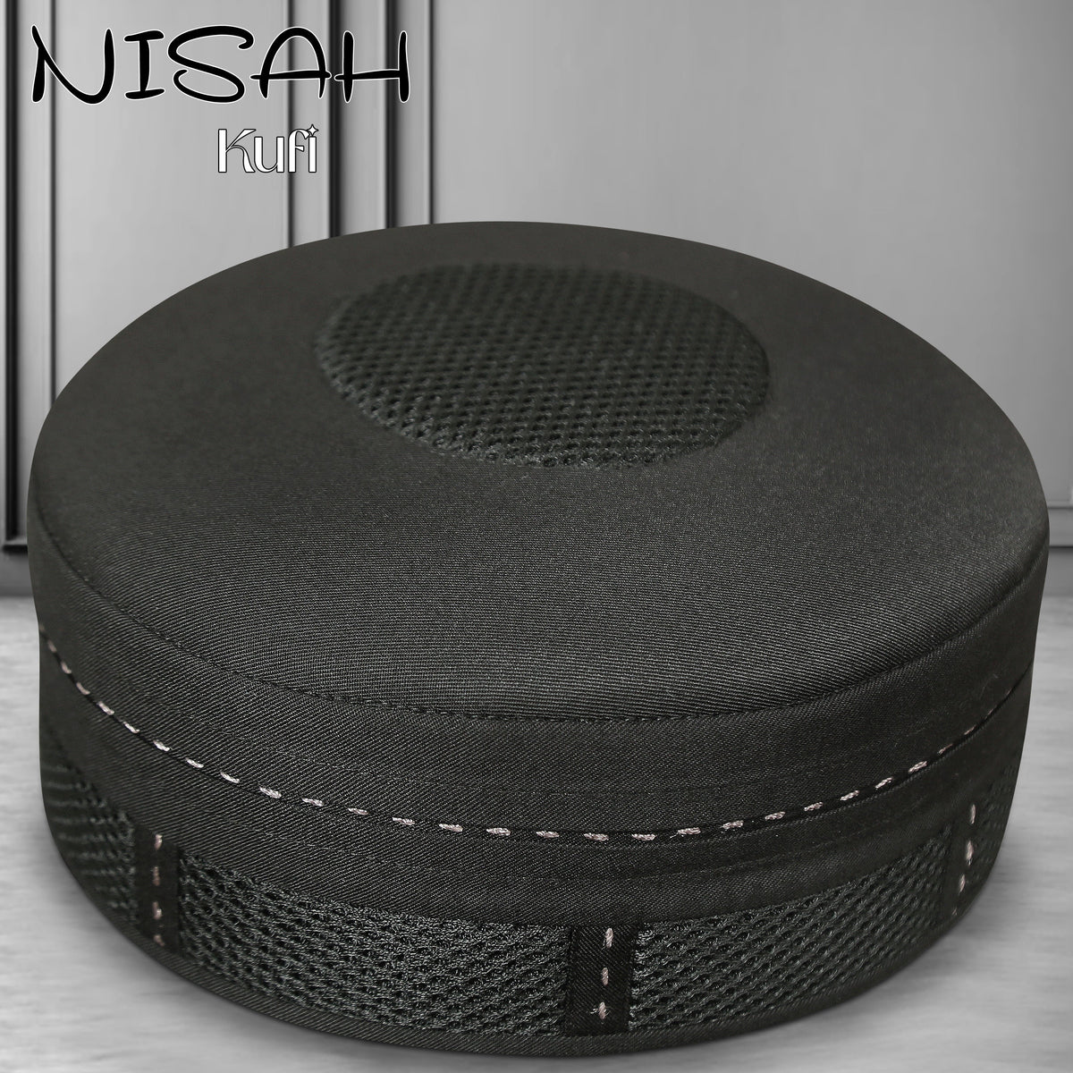 Nisah Black Mesh Kufi Islamic Prayer Cap for Men Premium Polyester Fabric