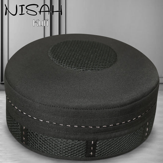 Nisah Black Mesh Kufi Islamic Prayer Cap for Men Premium Polyester Fabric