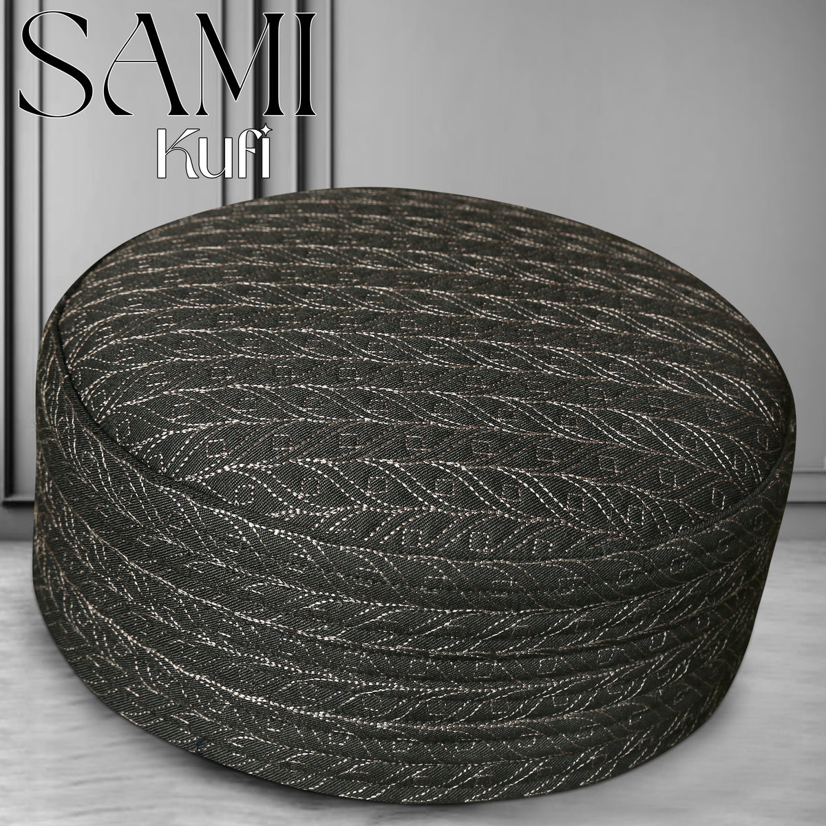 Black Sami Hard Kufi with Elegant Leaf Embroidery
