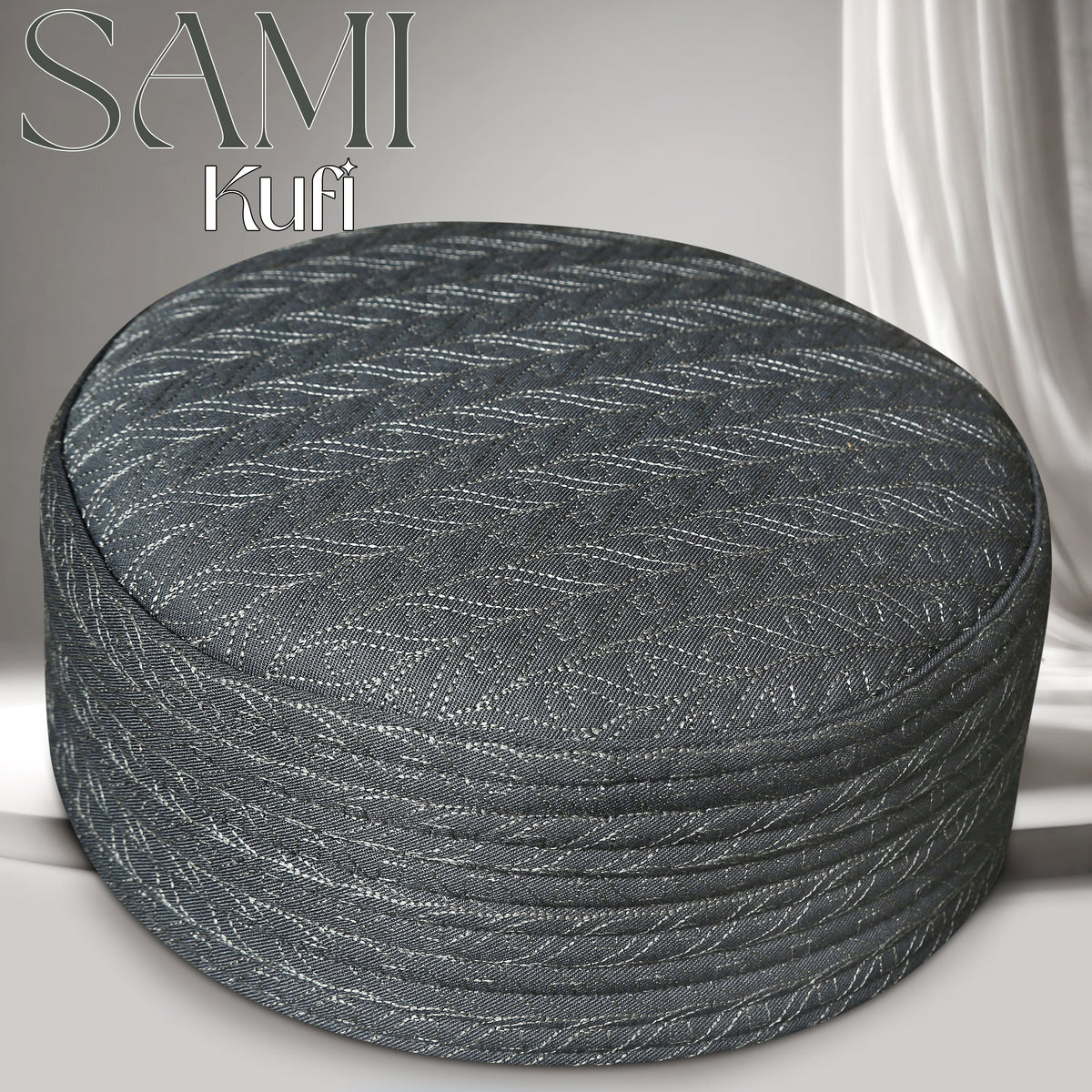 Grey Sami Hard Kufi Refined Prayer Cap with Leaf Pattern