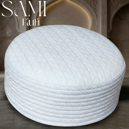 White Sami Hard Kufi Premium Embroidered Islamic Prayer Cap