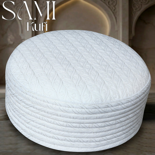 White Sami Hard Kufi Premium Embroidered Islamic Prayer Cap
