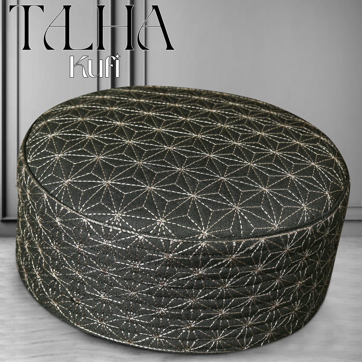 Black Talha Hard Kufi with Geometric Embroidered Design