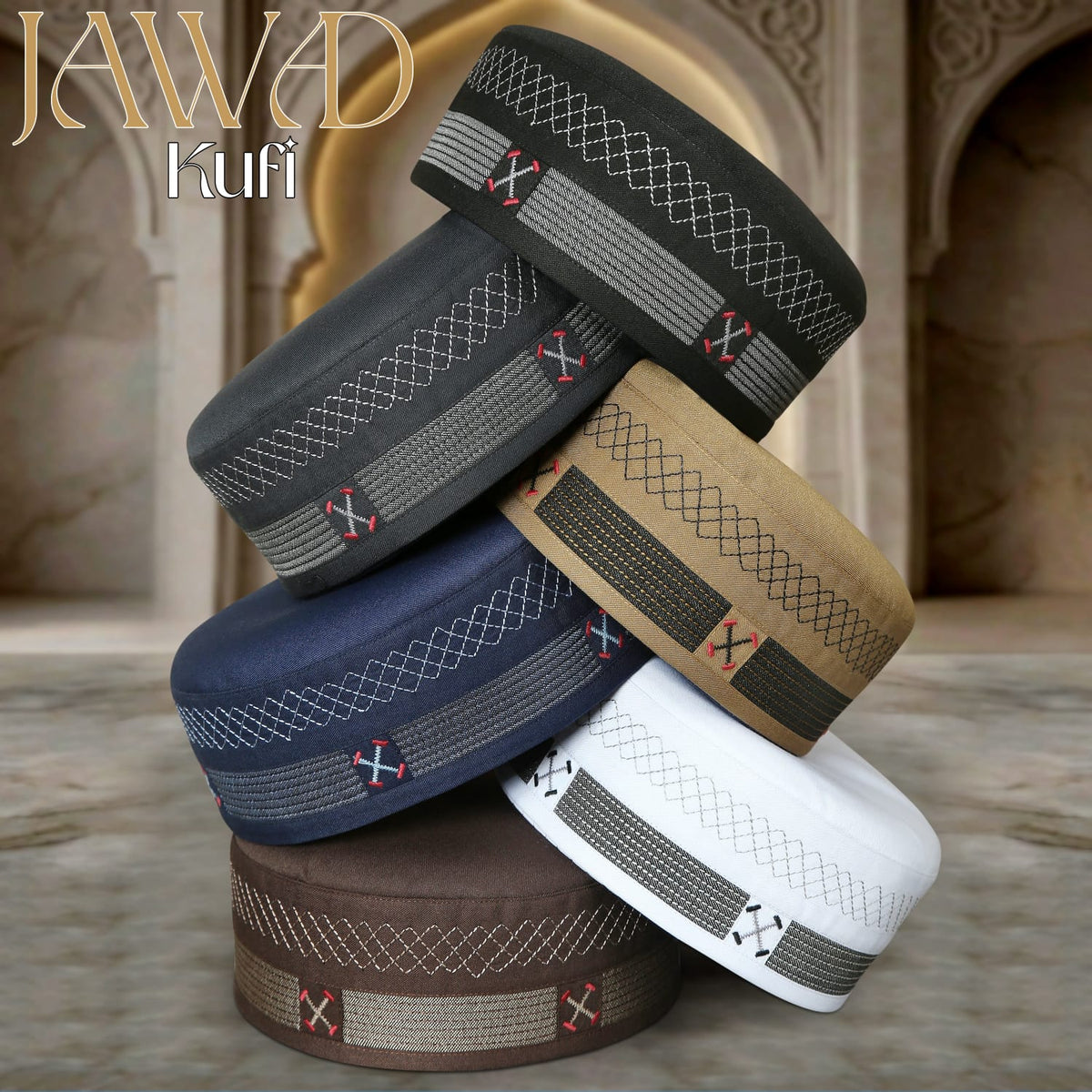 Jawad Embroidered Kufi Collection Islamic Prayer Caps for Men Premium Polyester Fabric