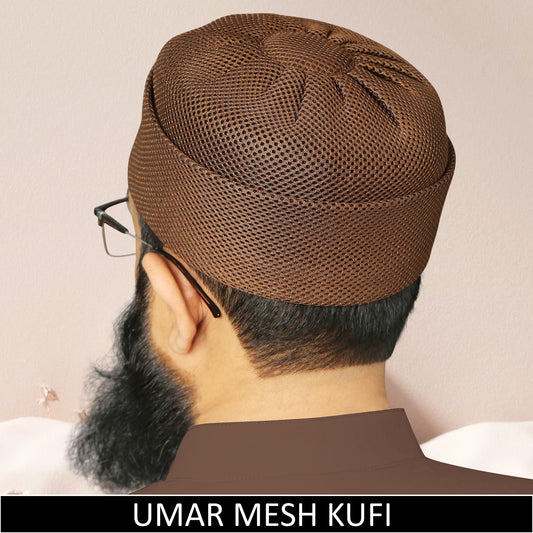 Brown Umar Mesh Kufi for Men “ Lightweight Islamic Namaz Topi with Breathable Mesh Fabric